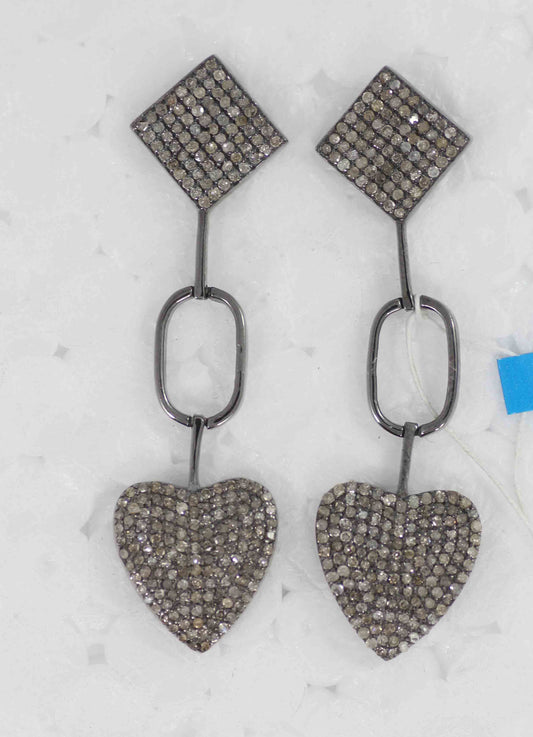 Heart shape Diamond Silver Earring .925 Oxidized Sterling Silver Diamond Earring, Genuine handmade pave diamond Earring Size 2.00"(14 x 50 MM )