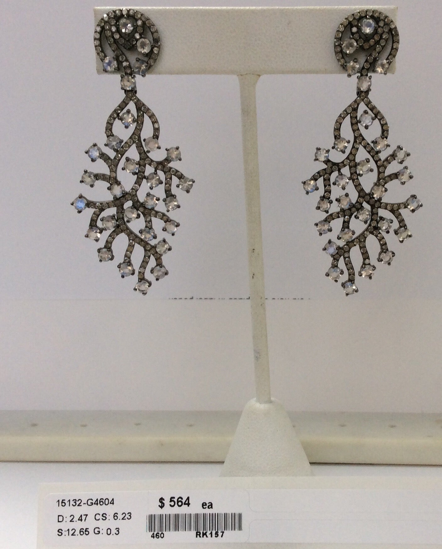 Diamond and Silver White Rainbow Moon Stone Black Rhodium Finish Earrings.