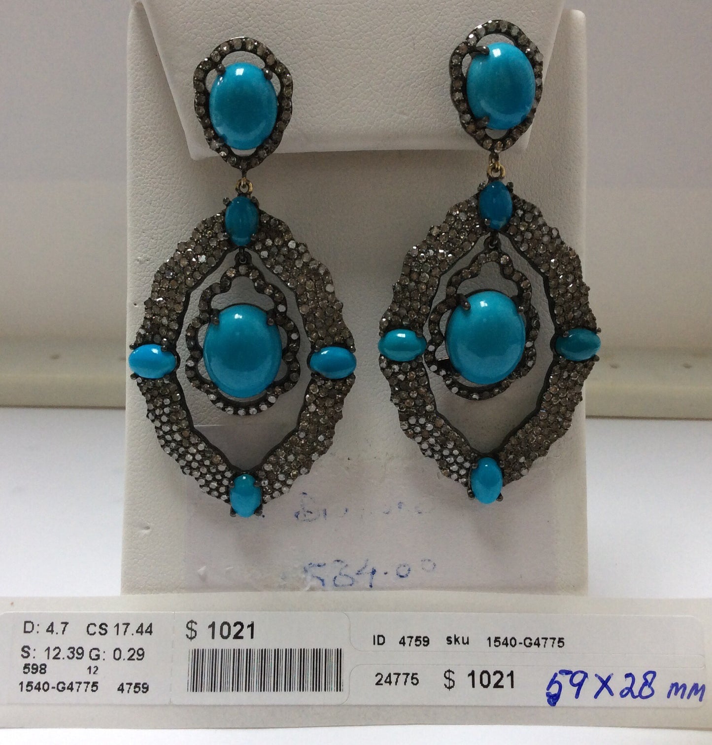 Diamond and Silver Turquoise Stone Black Rhodium Finish Earring.