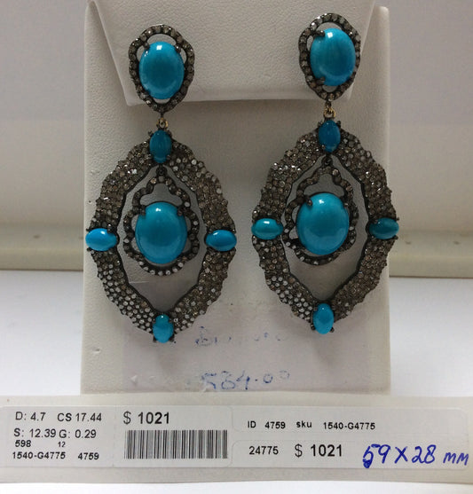 Diamond and Silver Turquoise Stone Black Rhodium Finish Earring.