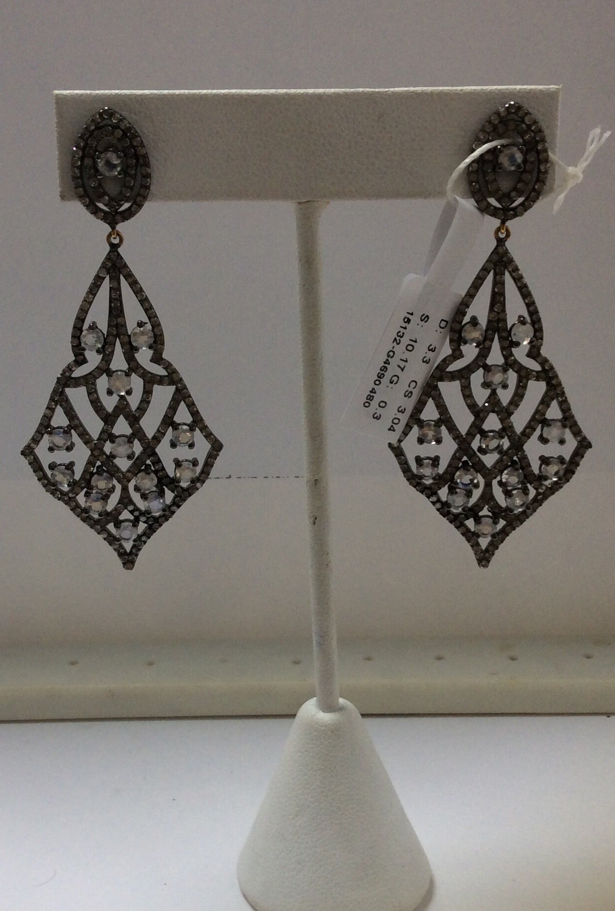 Diamond and Silver White Rainbow Moon Stone Black Rhodium Finish Earrings