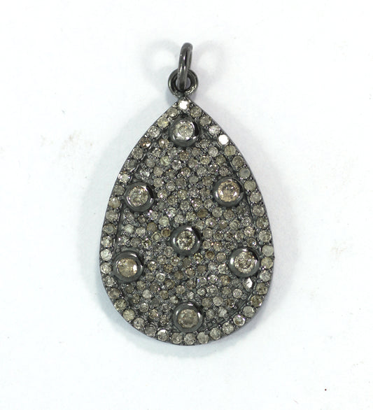 Pear Diamond Pendant .925 Oxidized Sterling Silver Diamond Pendant, Genuine handmade pave diamond Pendant Size Approx 1.16"(29x18 MM)