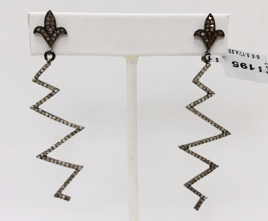 Diamond Silver Earring .925 Oxidized Sterling Silver Diamond Earring, Genuine handmade pave diamond Earring Size 2.52"(19 x 63 MM )
