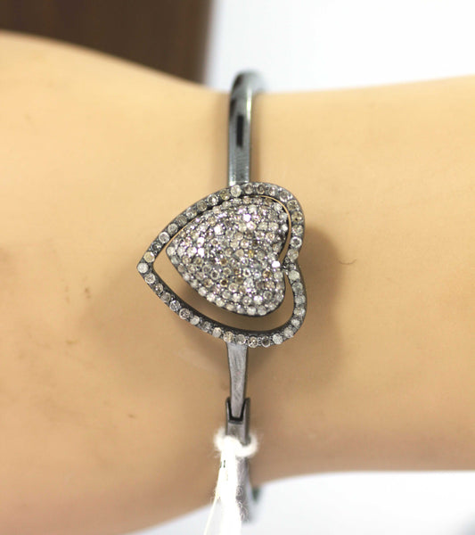Heart Diamond Silver Bracelet .925 Oxidized Sterling Silver Diamond Bracelet, Genuine handmade pave diamond Bracelet.
