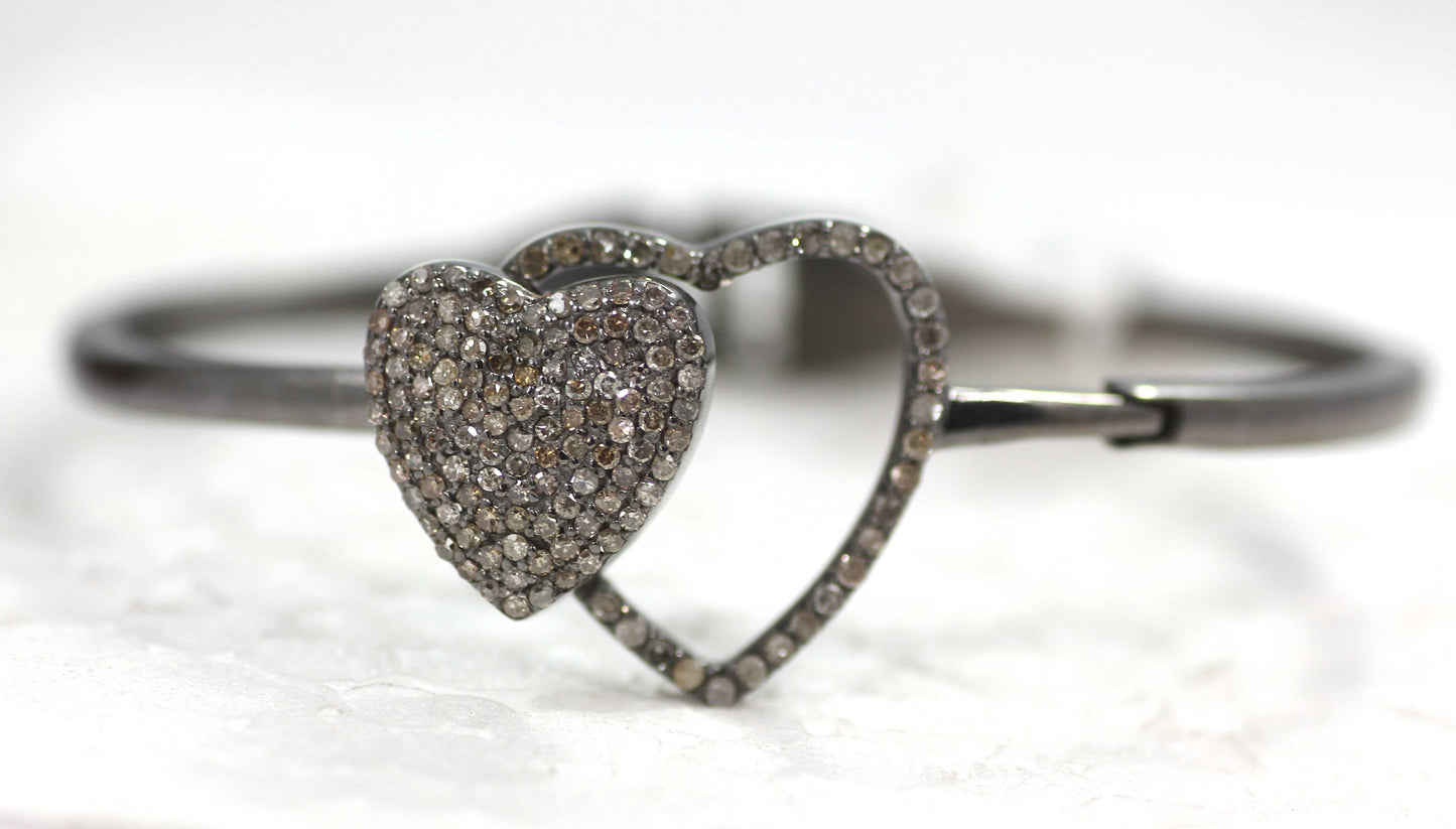 Heart Diamond Silver Bracelet .925 Oxidized Sterling Silver Diamond Bracelet, Genuine handmade pave diamond Bracelet.