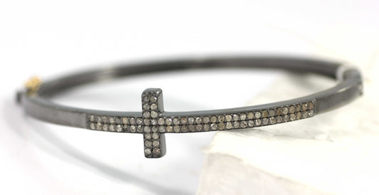 Cross Diamond Silver Bracelet .925 Oxidized Sterling Silver Diamond Bracelet, Genuine handmade pave diamond Bracelet.
