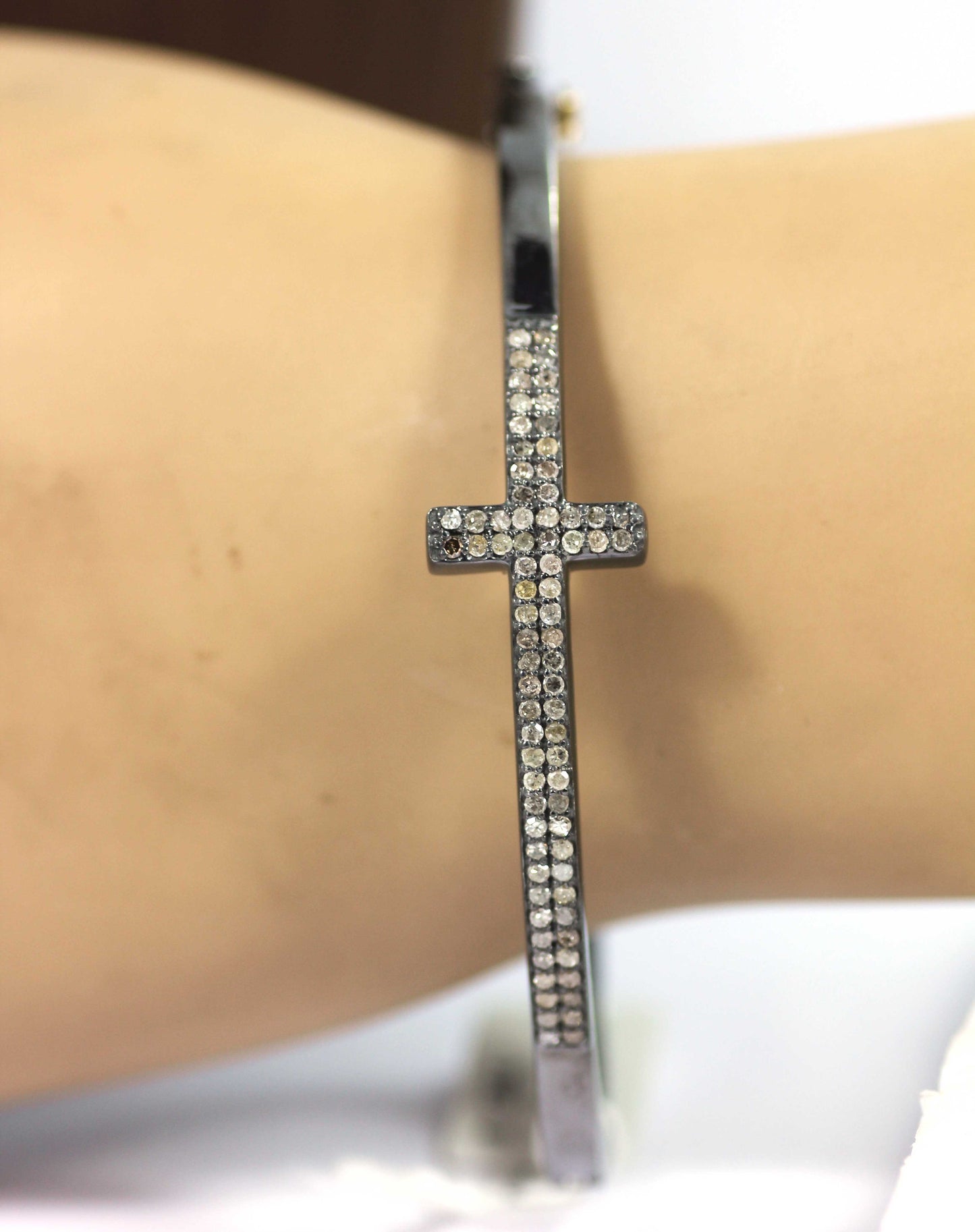 Cross Diamond Silver Bracelet .925 Oxidized Sterling Silver Diamond Bracelet, Genuine handmade pave diamond Bracelet.