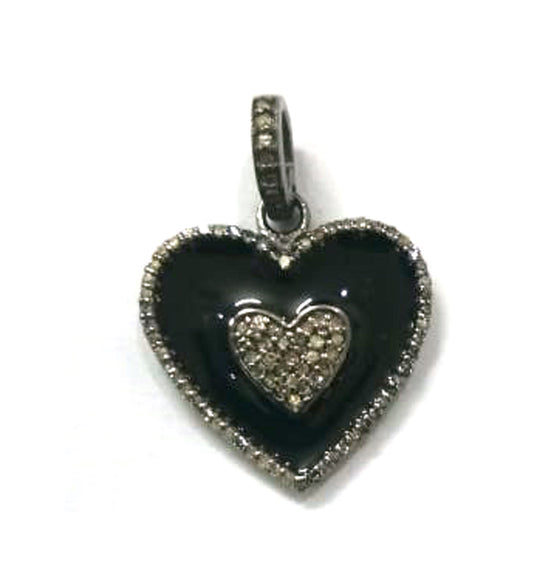 Enamel Heart Shaped Diamond Pendant .925 Oxidized Sterling Silver Diamond Pendant, Genuine handmade pave diamond Charm Size 25 MM