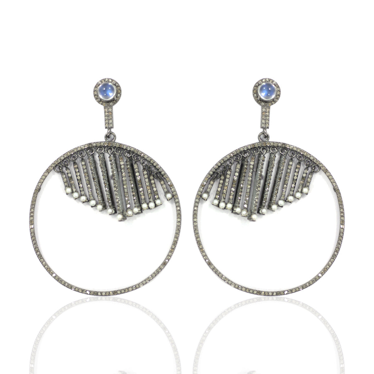 Round Diamond Silver Earring .925 Oxidized Sterling Silver Diamond Earring, Genuine handmade pave diamond Earring Size 1.60"(40 x 23 MM )