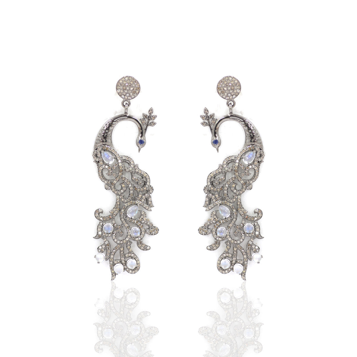 Peacock Shape Diamond Earring .925 Oxidized Sterling Silver Diamond Earring, Genuine handmade pave diamond Earring Size 2.32"(58 X 20 MM )
