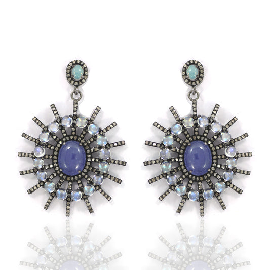 Diamond Silver Earring .925 Oxidized Sterling Silver Diamond Earring, Genuine handmade pave diamond Earring Size 1.76"(44 x 31 MM )