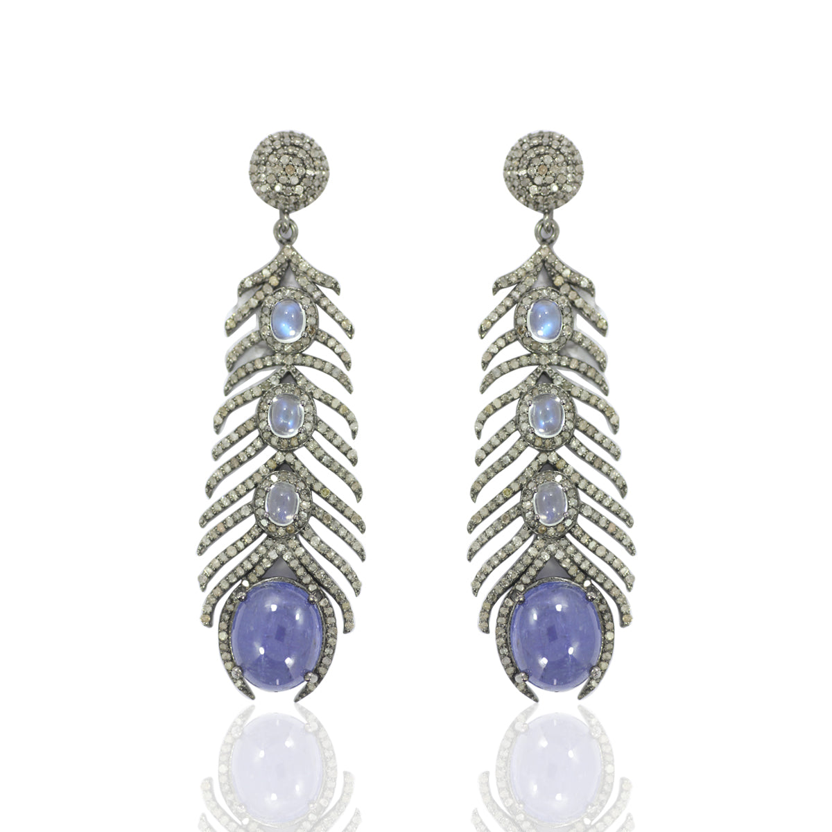 Diamond Art Deco Blue Sapphire & Moonstone Diamond Earring, Pave Diamond Earring,Pave Art Deco Earring, Appx 63 x 16mm