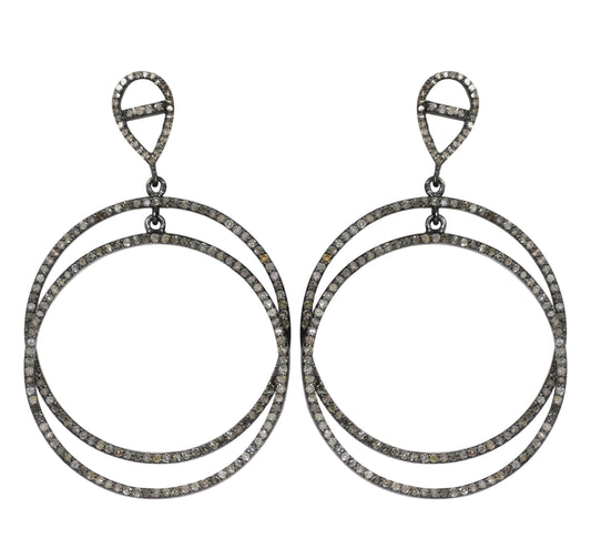 Round Diamond Silver Earring .925 Oxidized Sterling Silver Diamond Earring, Genuine handmade pave diamond Earring.