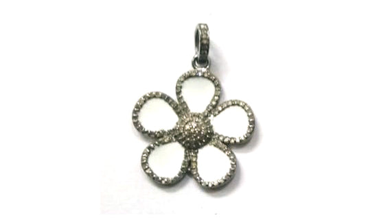 Enamel Flower Shaped Diamond Pendant .925 Oxidized Sterling Silver Diamond Pendant, Genuine handmade pave diamond Charm Size 23 MM