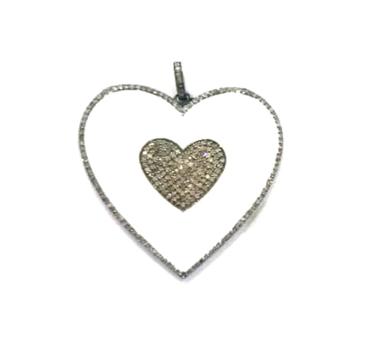 Enamel Heart Shape Diamond Pendant .925 Oxidized Sterling Silver Diamond Pendant, Genuine handmade pave diamond Charm Size 55 MM
