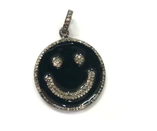 Enamel Face Shaped Diamond Pendant .925 Oxidized Sterling Silver Diamond Pendant, Genuine handmade pave diamond Charm Size 25 MM