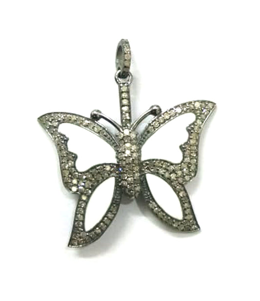 Enamel Butterfly Shape Diamond Pendant .925 Oxidized Sterling Silver Diamond Pendant, Genuine handmade pave diamond Charm Size 30X25 MM