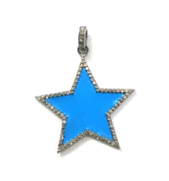 Enamel Star Shape Diamond Pendant .925 Oxidized Sterling Silver Diamond Pendant, Genuine handmade pave diamond Charm Size 30 MM