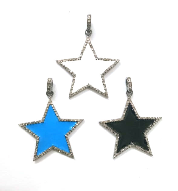 Enamel Star Shape Diamond Pendant .925 Oxidized Sterling Silver Diamond Pendant, Genuine handmade pave diamond Charm Size 30 MM