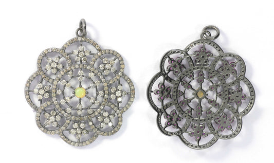 Flower Shape Diamond Pendant .925 Oxidized Sterling Silver Diamond Pendant, Genuine handmade pave diamond Pendant.