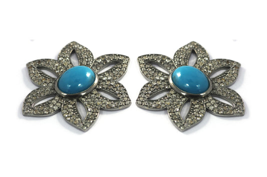 Flower Silver Diamond Earring .925 Oxidized Sterling Silver Diamond Earring, Genuine handmade pave diamond Earring.
