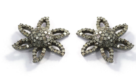 Flower Silver Diamond Earring .925 Oxidized Sterling Silver Diamond Earring, Genuine handmade pave diamond Earring.