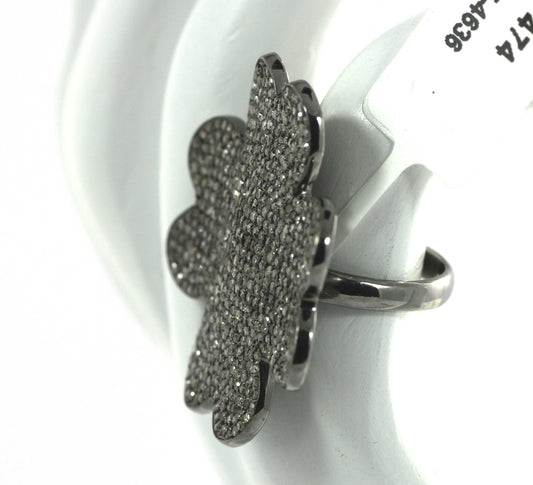 Flower Silver Pave Diamond Ring .925 Oxidized Sterling Silver Diamond Ring, Genuine handmade pave diamond Ring.