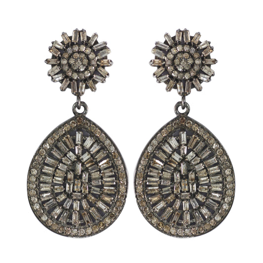 Pear shape Silver Diamond Earring .925 Oxidized Sterling Silver Diamond Earring, Genuine handmade pave diamond Earring.