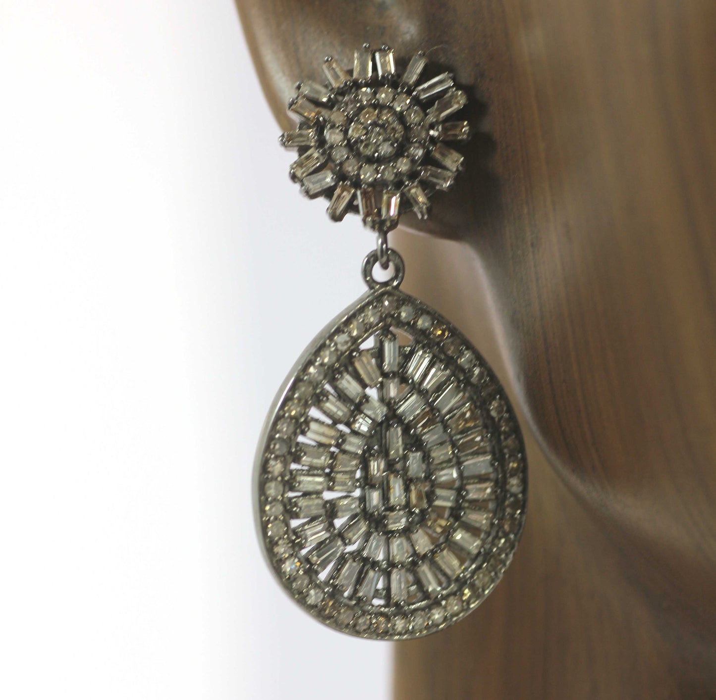 Pear shape Silver Diamond Earring .925 Oxidized Sterling Silver Diamond Earring, Genuine handmade pave diamond Earring.
