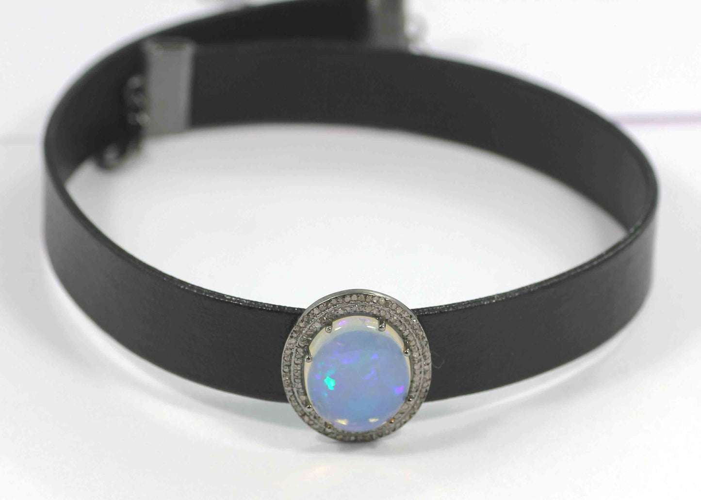 Leather Choker Necklaces With Pave Diamond. 925 Oxidized Sterling Silver Diamond necklaces, Genuine handmade pave diamond necklaces. Size