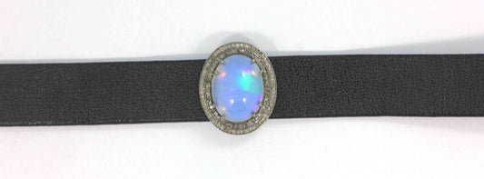 Oval Shape Leather Choker Necklaces With Pave Diamond. 925 Oxidized Sterling Silver Diamond necklaces, Genuine handmade pave diamond necklaces.