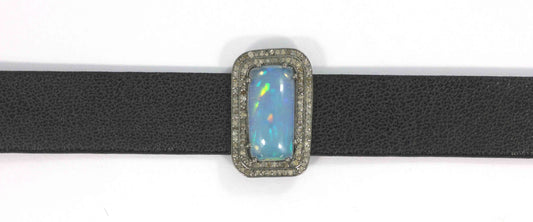 Rectangle Shape Leather Choker Necklaces With Pave Diamond. 925 Oxidized Sterling Silver Diamond necklaces, Genuine handmade pave diamond necklaces.