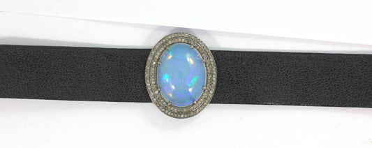 Oval Shape Leather Choker Necklaces With Pave Diamond. 925 Oxidized Sterling Silver Diamond necklaces, Genuine handmade pave diamond necklaces.