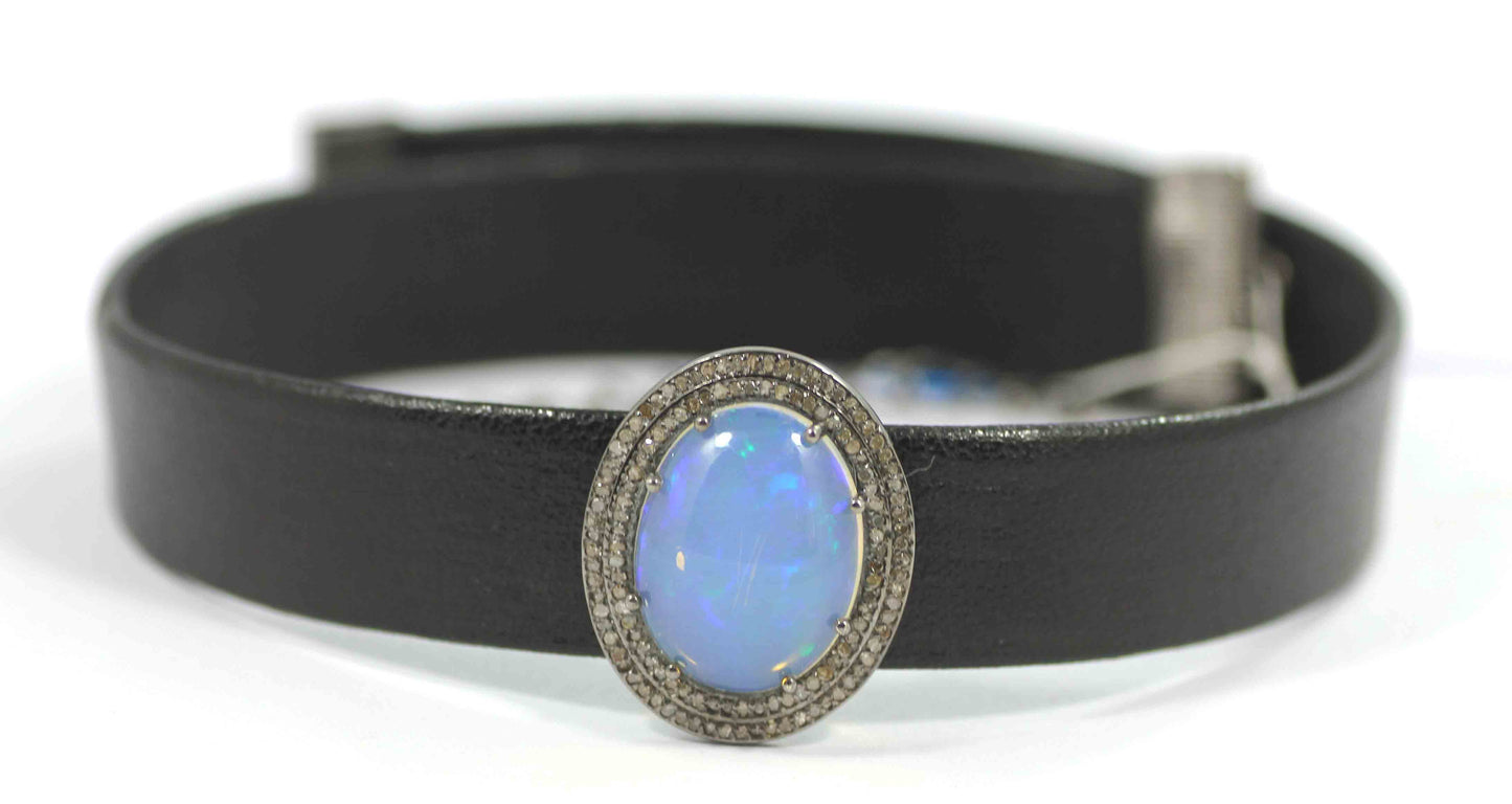 Oval Shape Leather Choker Necklaces With Pave Diamond. 925 Oxidized Sterling Silver Diamond necklaces, Genuine handmade pave diamond necklaces.