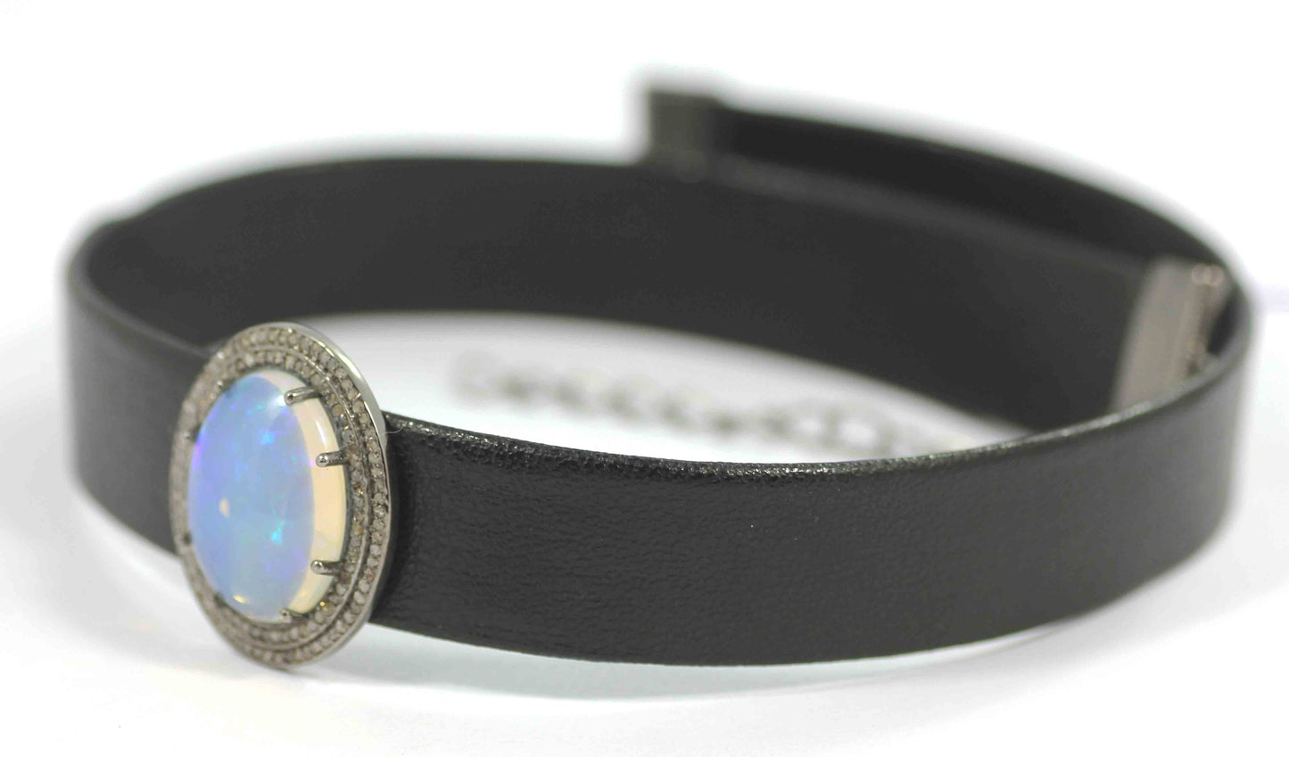 Oval Shape Leather Choker Necklaces With Pave Diamond. 925 Oxidized Sterling Silver Diamond necklaces, Genuine handmade pave diamond necklaces.