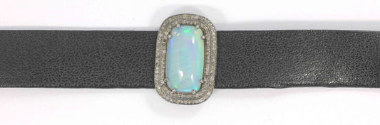 Rectangle Shape Leather Choker Necklaces With Pave Diamond. 925 Oxidized Sterling Silver Diamond necklaces, Genuine handmade pave diamond necklaces.