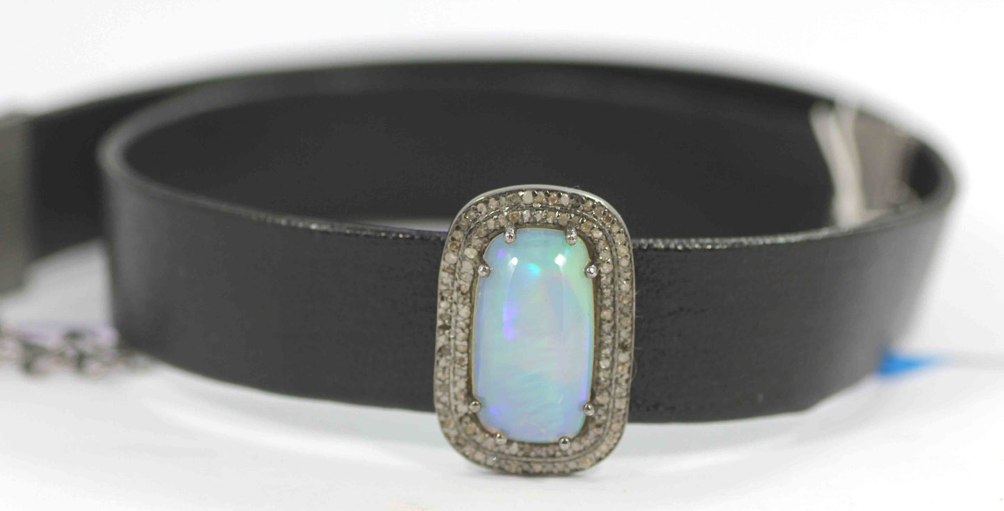 Rectangle Shape Leather Choker Necklaces With Pave Diamond. 925 Oxidized Sterling Silver Diamond necklaces, Genuine handmade pave diamond necklaces.