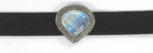 Drop Shape Leather Choker Necklaces With Pave Diamond. 925 Oxidized Sterling Silver Diamond necklaces, Genuine handmade pave diamond necklaces.