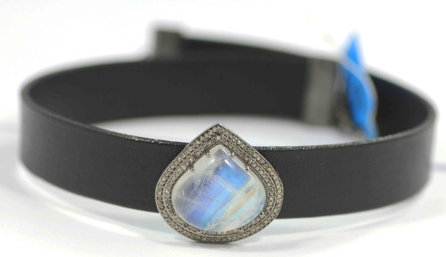 Drop Shape Leather Choker Necklaces With Pave Diamond. 925 Oxidized Sterling Silver Diamond necklaces, Genuine handmade pave diamond necklaces.