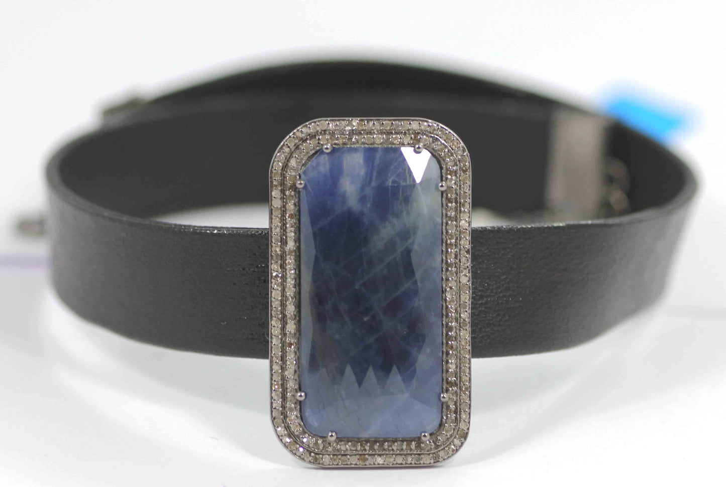 Rectangle Shape Leather Choker Necklaces With Pave Diamond. 925 Oxidized Sterling Silver Diamond necklaces, Genuine handmade pave diamond necklaces.