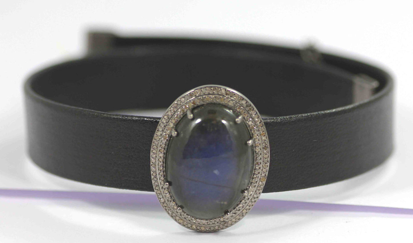 Leather Choker Necklaces With Pave Diamond. 925 Oxidized Sterling Silver Diamond necklaces, Genuine handmade pave diamond necklaces.
