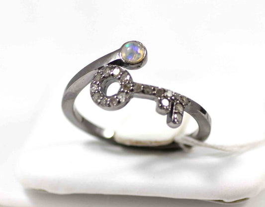 Key Shape Pave Diamond Ring .925 Oxidized Sterling Silver Diamond Ring, Genuine handmade pave diamond Ring Size Approx 0.56"(14 x 7 MM)