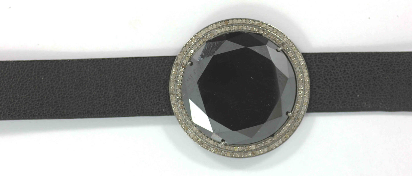 Round Shape Leather Choker Necklaces With Pave Diamond. 925 Oxidized Sterling Silver Diamond necklaces, Genuine handmade pave diamond necklaces.