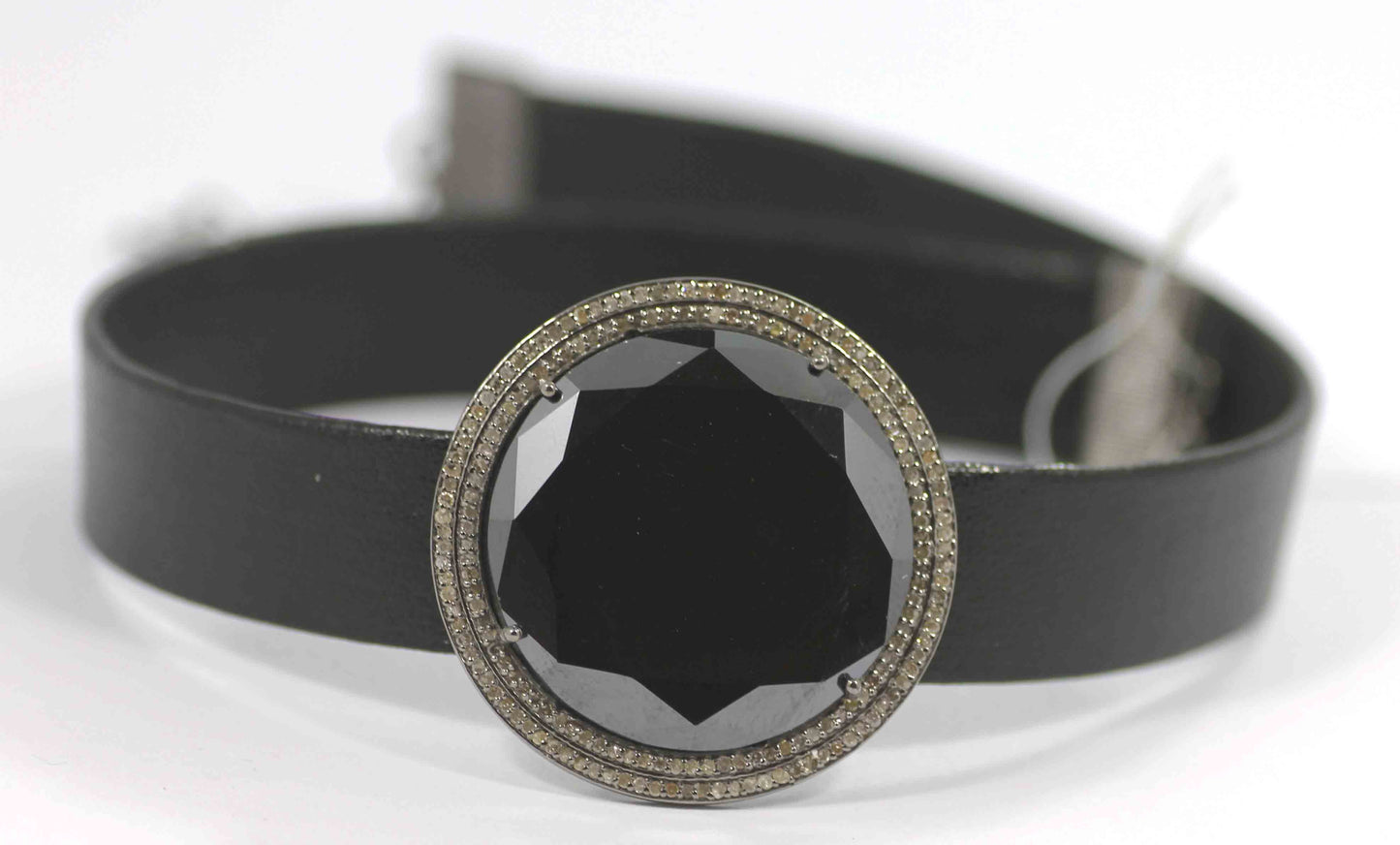 Round Shape Leather Choker Necklaces With Pave Diamond. 925 Oxidized Sterling Silver Diamond necklaces, Genuine handmade pave diamond necklaces.