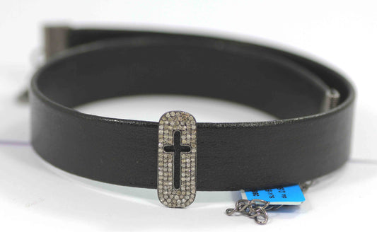 Cross Shape Leather Choker Necklaces With Pave Diamond. 925 Oxidized Sterling Silver Diamond necklaces, Genuine handmade pave diamond necklaces.