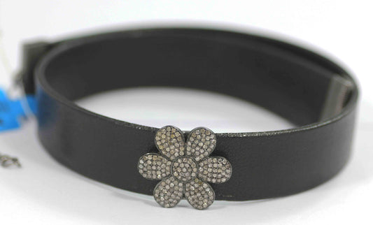 Flower Shape Leather Choker Necklaces With Pave Diamond. 925 Oxidized Sterling Silver Diamond necklaces, Genuine handmade pave diamond necklaces.