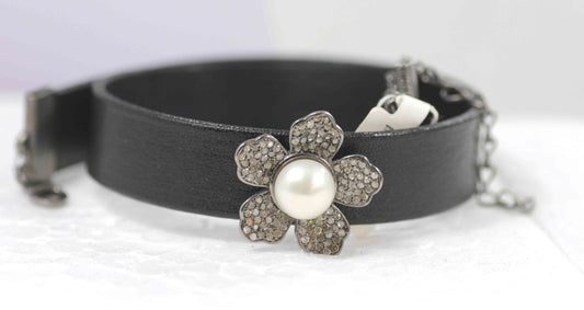 Flower Shape Leather Choker Necklaces With Pave Diamond. 925 Oxidized Sterling Silver Diamond necklaces, Genuine handmade pave diamond necklaces.
