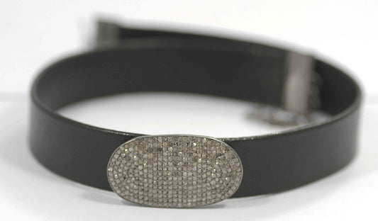 Leather Choker Necklaces With Pave Diamond. 925 Oxidized Sterling Silver Diamond necklaces, Genuine handmade pave diamond necklaces.