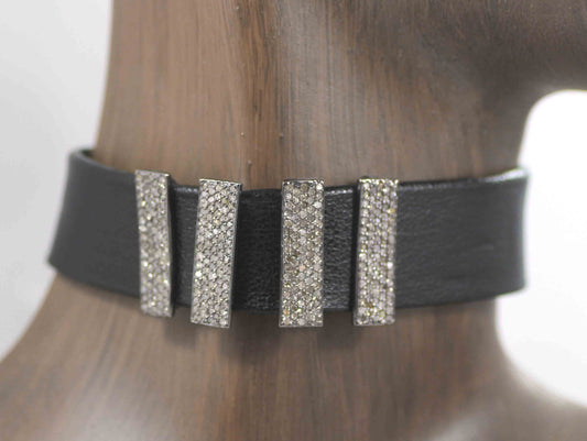 Leather Choker Necklaces With Pave Diamond. 925 Oxidized Sterling Silver Diamond necklaces, Genuine handmade pave diamond necklaces.