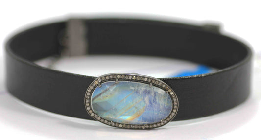 Leather Choker Necklaces With Pave Diamond. 925 Oxidized Sterling Silver Diamond necklaces, Genuine handmade pave diamond necklaces.